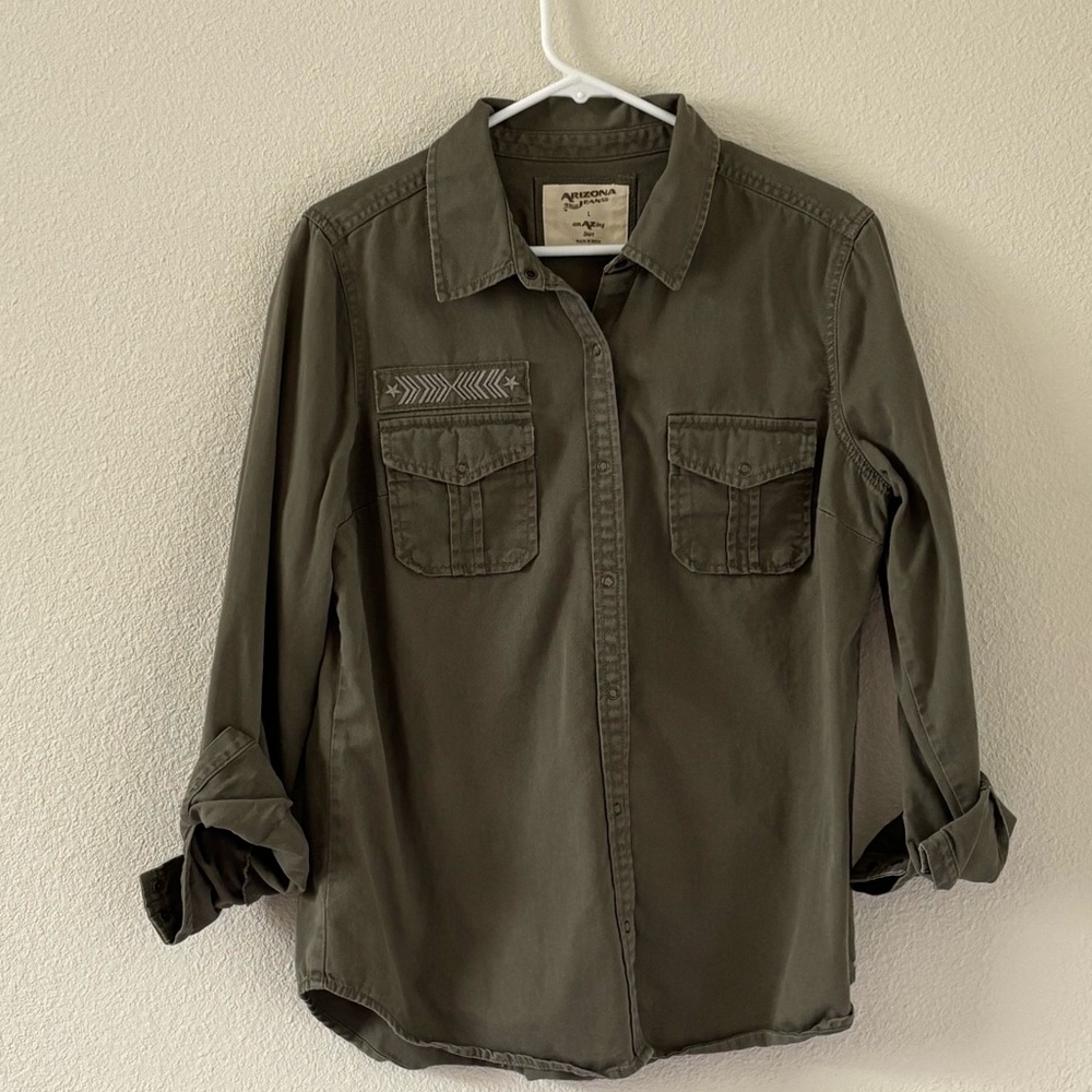 Olive Green Button-Up Shirt Women Size large
